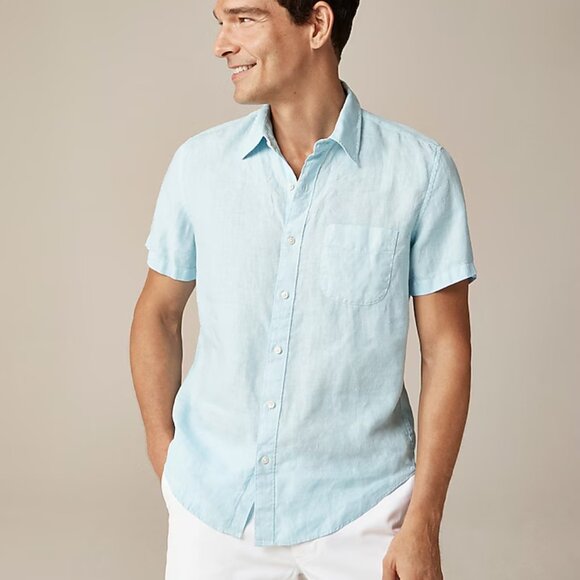 J. Crew Light Blue Short-Sleeve Washed‎ Linen Shirt Mens Large - Picture 2 of 7